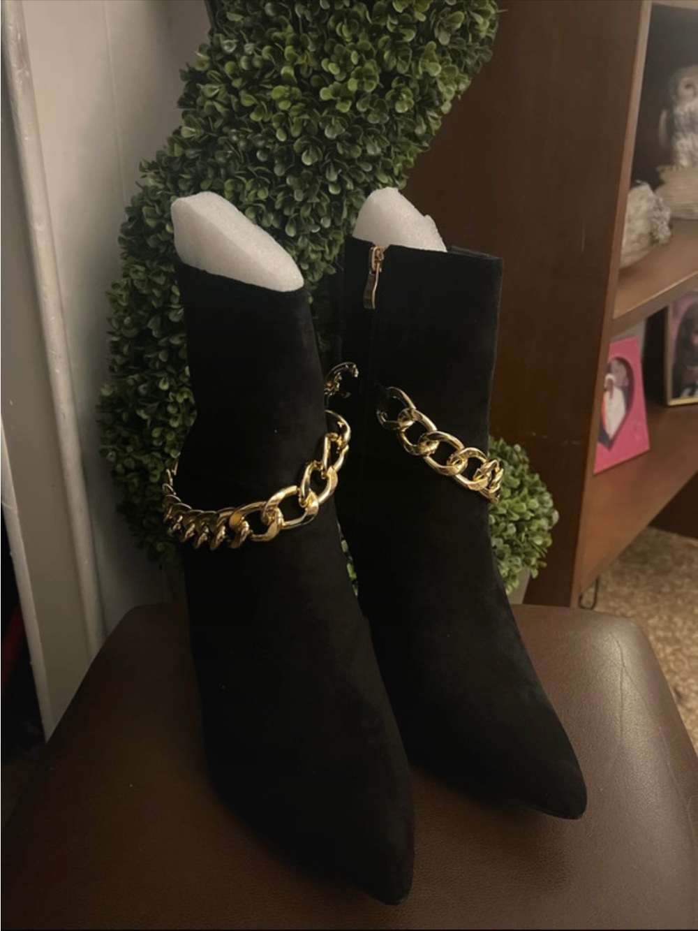 Fashion Nova Black Suede Ankle Boots with Gold Chain